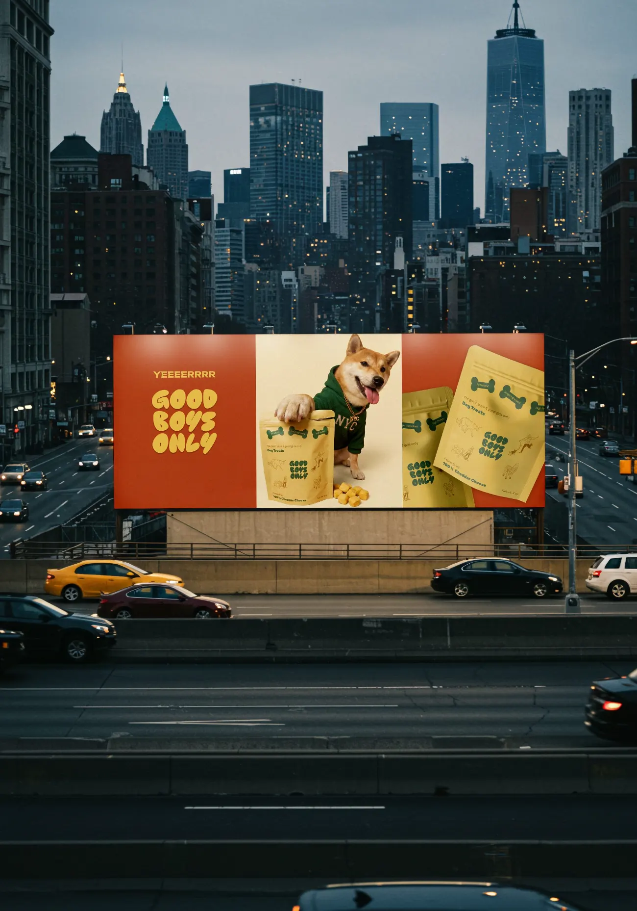 NYC billboard, Shiba in a hoodie, YEEEERRRR