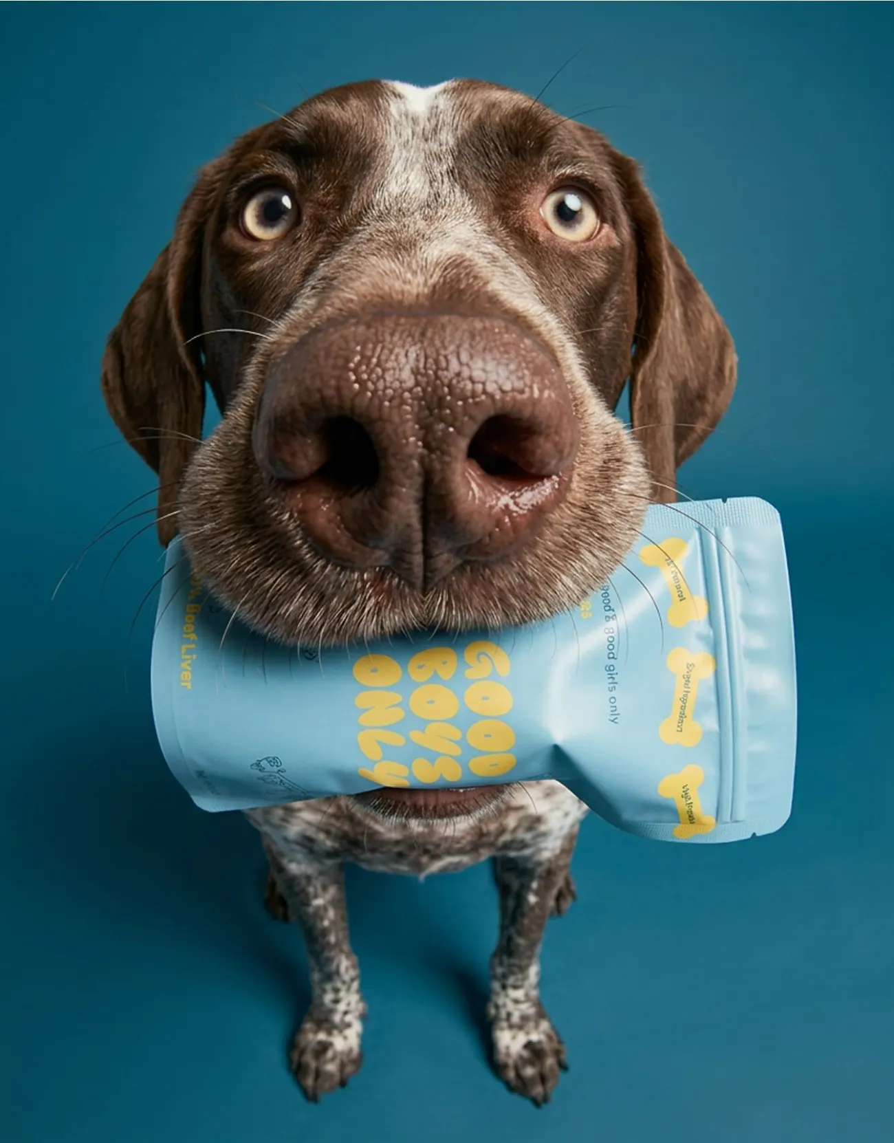 Pointer holding a Good Boys Only beef liver pouch on steel blue