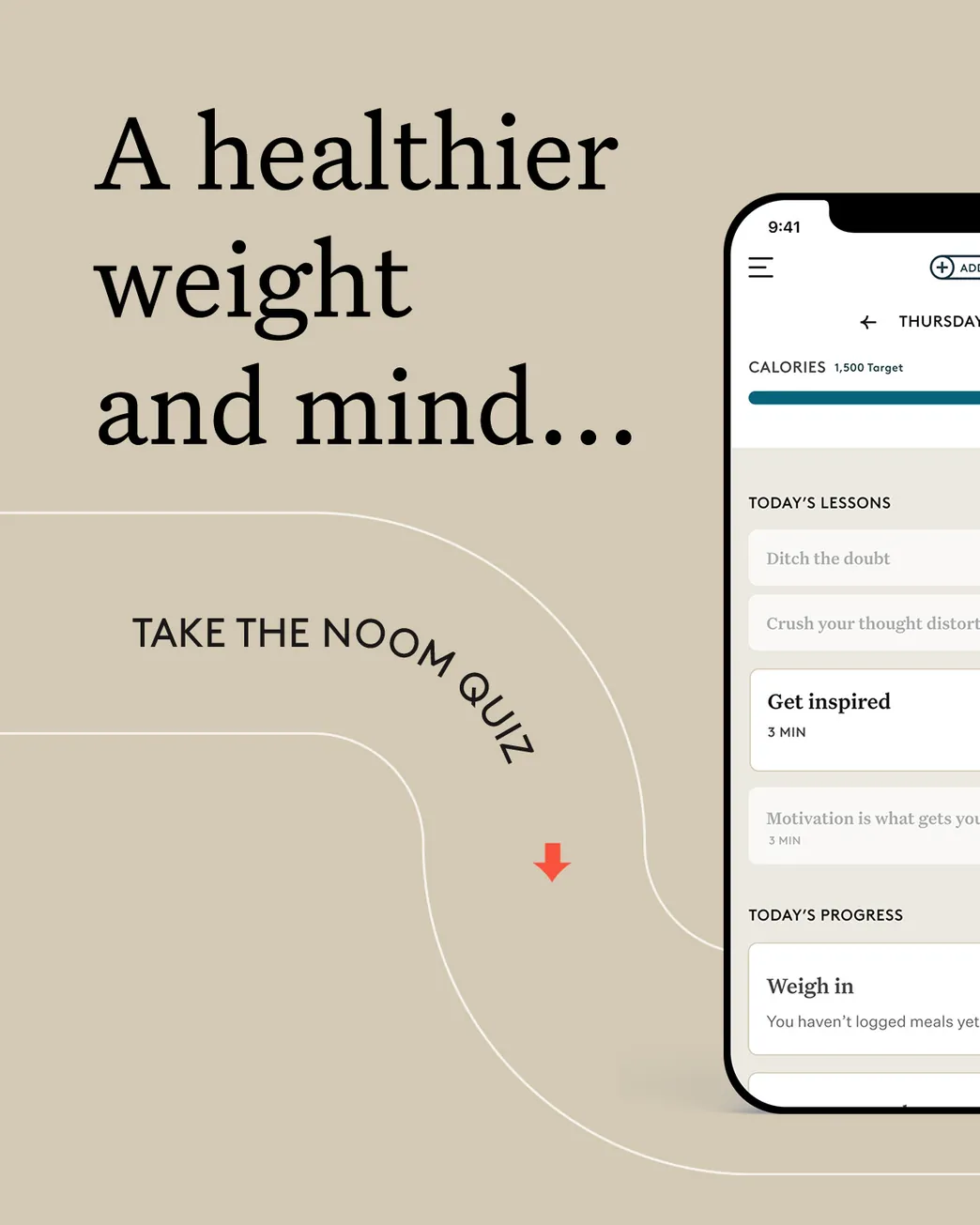 A healthier weight and mind… — Left panel of the intro unit: the promise over the app screen