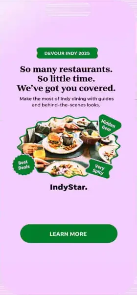 The same post on a lilac ground, with a shared table of dishes — the call to action and the badges turn green