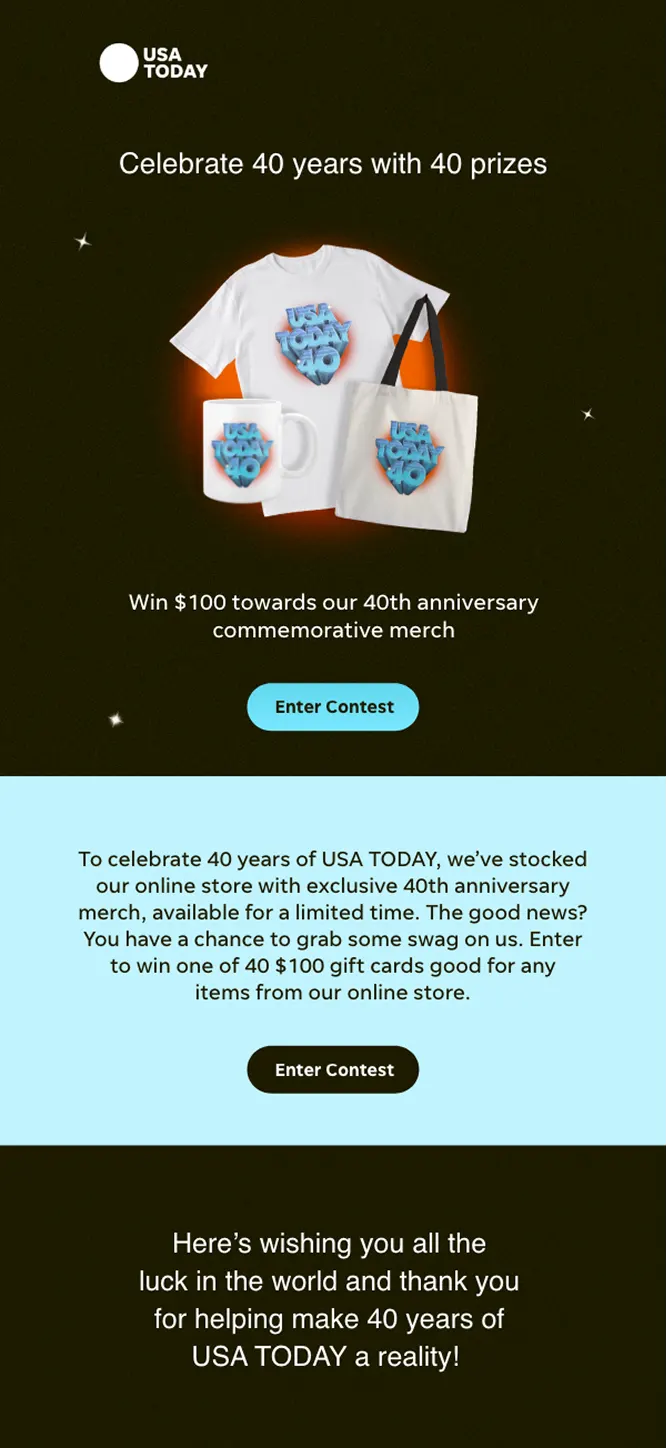 Contest email — forty $100 cards toward the merch store