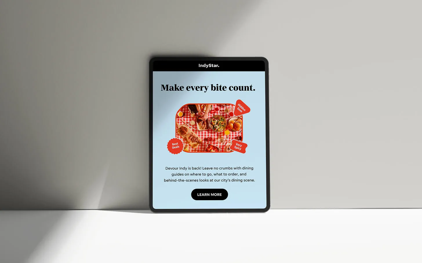Devour Indy email on a tablet: “Make every bite count.”