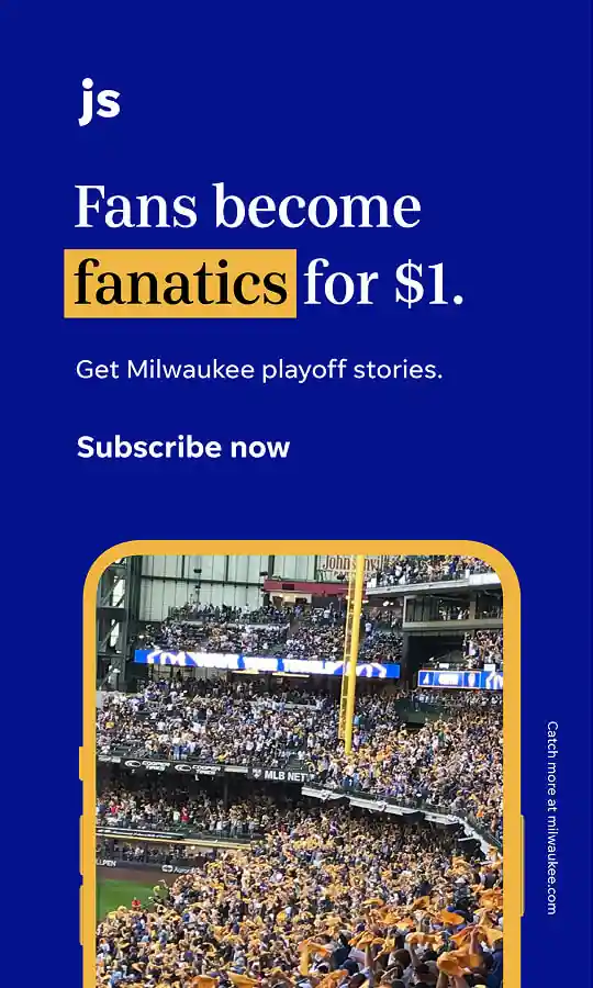 Milwaukee Journal Sentinel creative on blue: “Fans become fanatics for $1.”